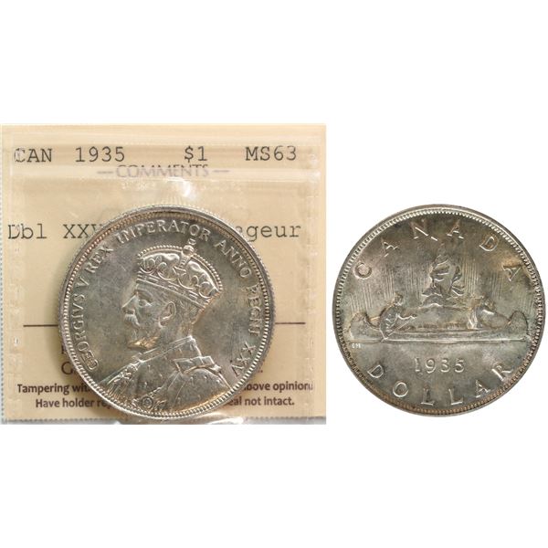 1935 $1 "Dbl XXV & Dbl Voyageur ICCS Choice Mint State-63.  Brilliant and lustrous.