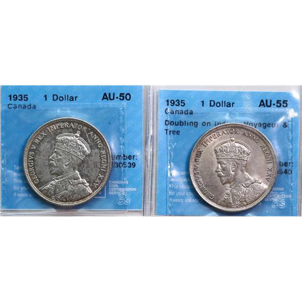 1935 $1, 1935 "Doubling on Indian, Voyageur & Tree"  Both coins CCCS About Uncirculated-50 to Choice