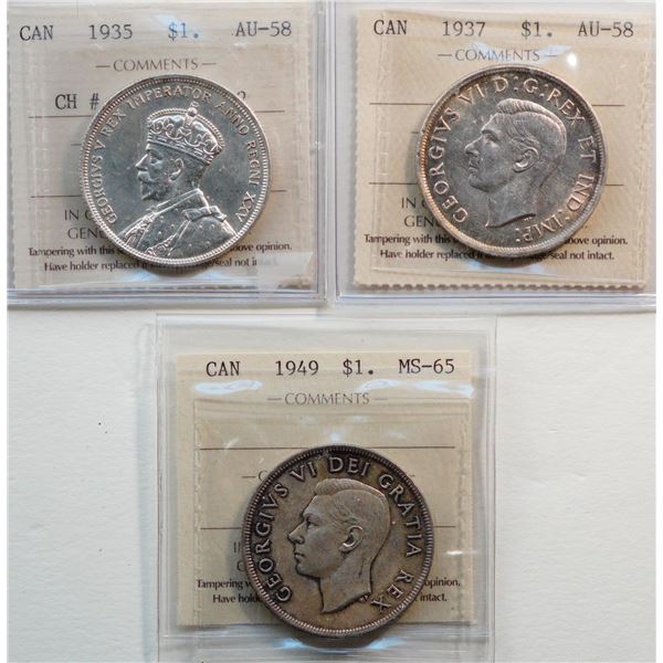 1935 $1 "Obv-002", 1937, 1949.  Lot of 3 coins ICCS Choice About Uncirculated-58 to Gem Mint State-6