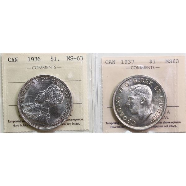1936 $1, 1937 Both coins ICCS Choice Mint State-63.
