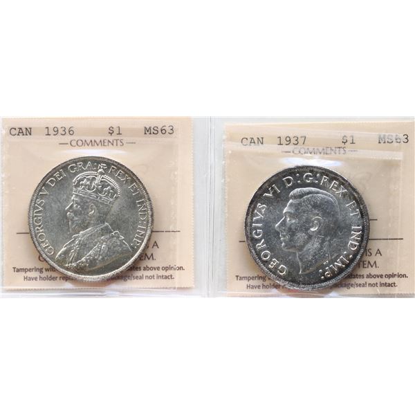 1936 $1, 1937. Both coins  ICCS Choice Mint State-63