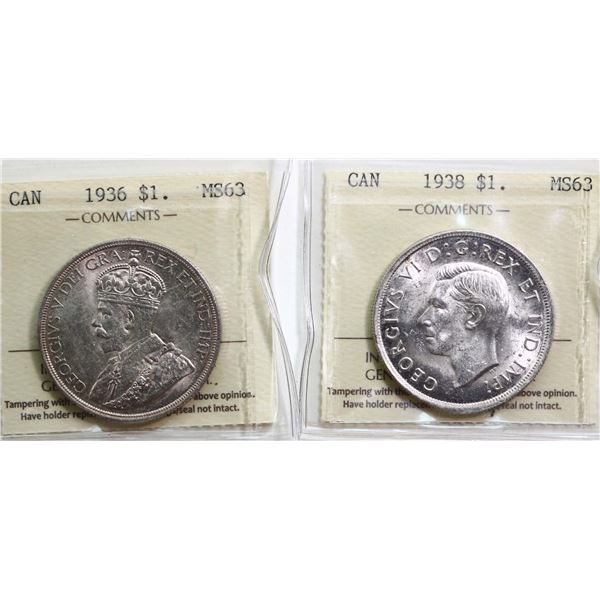 1936 $1, 1938. Both coins ICCS Choice Mint State-63