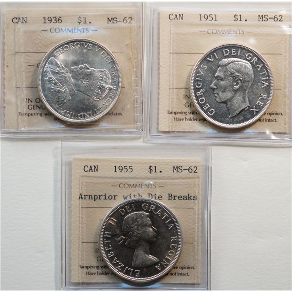 1936 $1, 1951, 1955 "Arnprior with Die Breaks". Lot of 3 coins ICCS MS-62