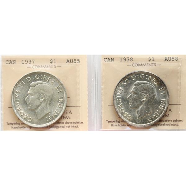 1937 $1 ICCS Choice About Uncirculated-55, 1938 ICCS Choice About Uncirculated-58