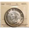 Image 2 : 1938 $1 ICCS Choice Mint State-64 Lightly toned.