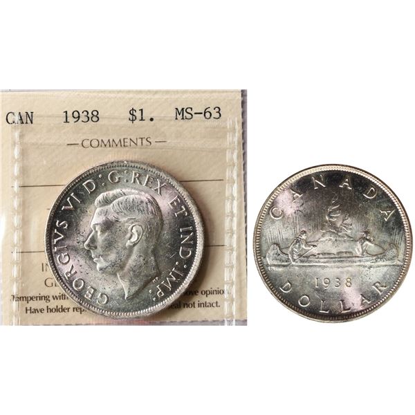 1938 $1 ICCS Choice Mint State-63 Brilliant and lustrous with hint of golden tone.