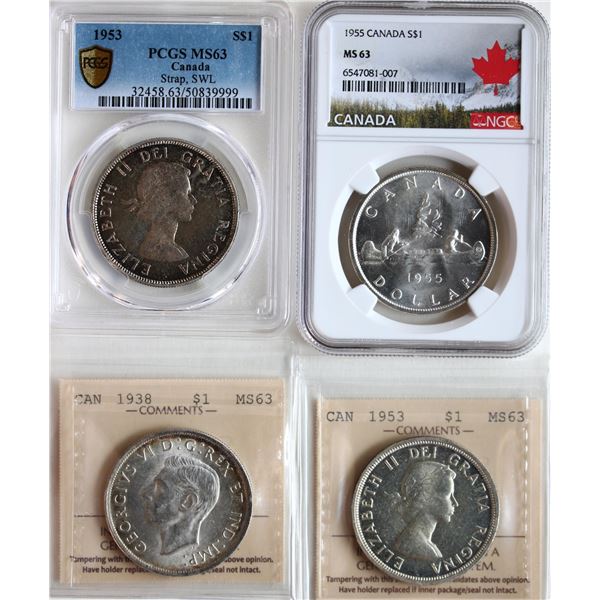 1938 $1, 1953 "SF", 1953 "SF - SWL", 1955 $1, All 4 coins ICCS/PCGS/NGC Choice Mint State-63.