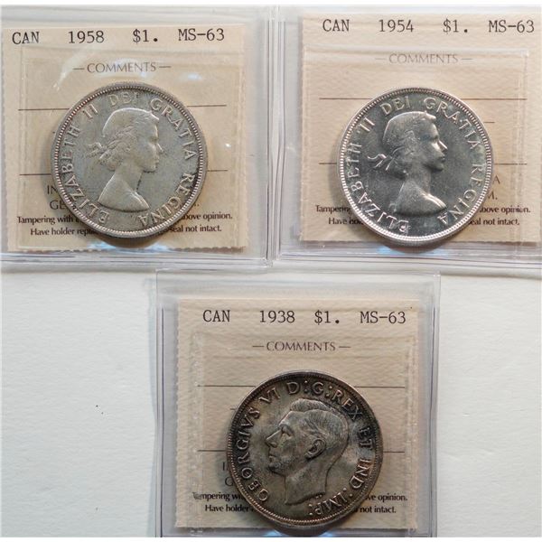 1938 $1, 1958, 1954.  Lot of 3 coins ICCS Choice Mint State-63
