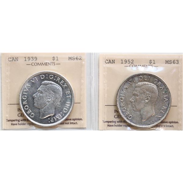 1939 $1 Choice Mint State-62, 1952 "NWL" Both coins ICCS graded.
