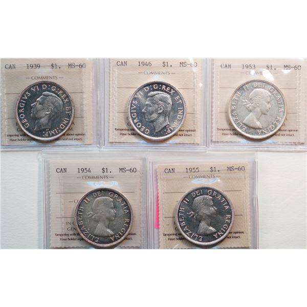 1939 $1, 1946, 1953 "NSF", 1954, 1955, All 5 coins ICCS Mint State-60