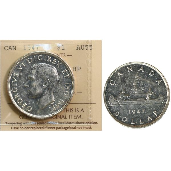 1947 $1 "Blunt 7 - Dbl HP" ICCS Choice About Uncirculated-55.  Brilliant and lustrous.