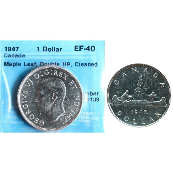 1947 $1 "Maple leaf, "Dbl HP, Cleaned" CCCS Extra Fine-40