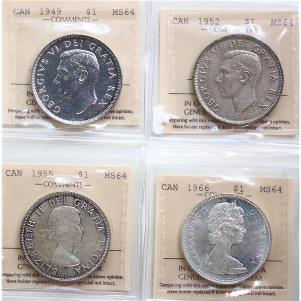 1949 $1, 1952 "WL", 1955, 1966 "LB", All 4 coins ICCS Choice Mint State-64.