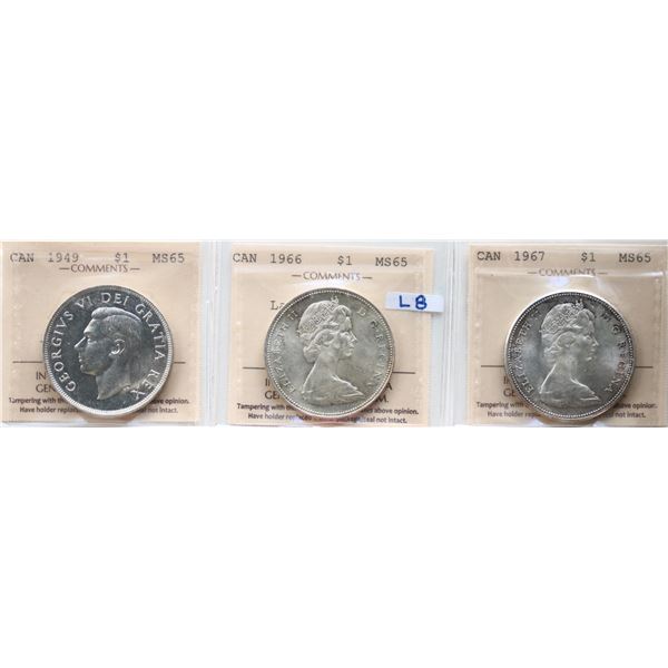 1949 $1, 1966 "Large Beads", 1967, Lot of 3 coins all  ICCS Gem Mint State-65