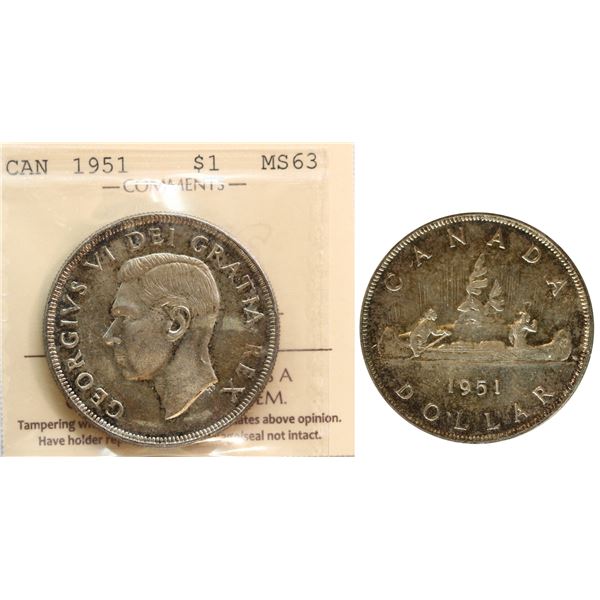 1951 $1 "Arnprior" ICCS Choice Mint State-63, Lightly toned.