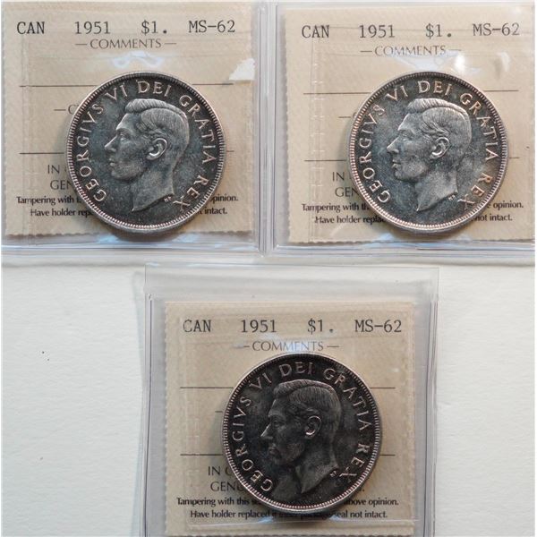 1951 $1. Lot of 3 coins  ICCS Choice Mint State-62