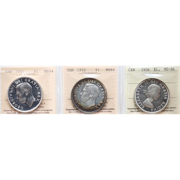 1951 $1, 1952 "WL", 1954, All 3 coins ICCS Choice Mint State-64