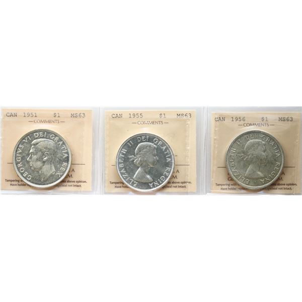 1951 $1, 1955, 1956. Lot of 3 coins all  ICCS Choice Mint State-63