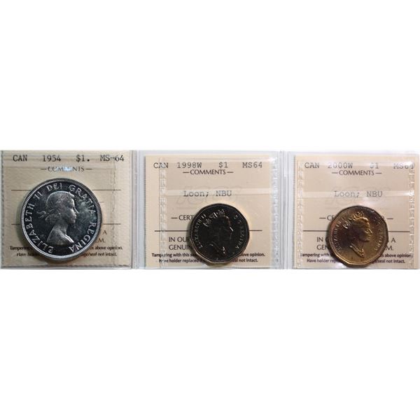 1954 $1 "Cameo", 1998W "Loon; NBU", 2000W "Loon; NBU". All 3 coins ICCS Choice Mint State-64