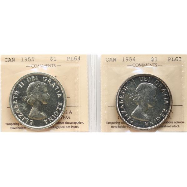 1954 $1 ICCS Choice Proof-Like-63, 1955 "Arnprior" ICCS Choice Proof-Like-64.  Lot of 2 coins.