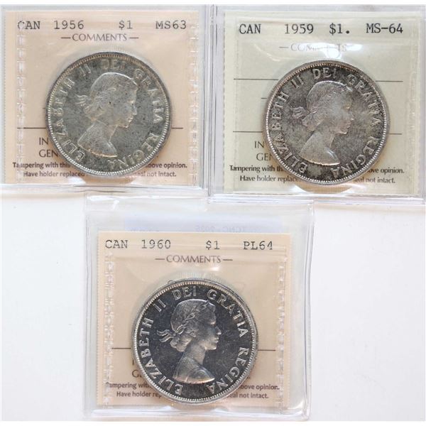 1956 $1 Choice Mint State-63, 1959 Choice Mint State-64, 1960 Choice Proof-Like-64, All 3 coins ICCS