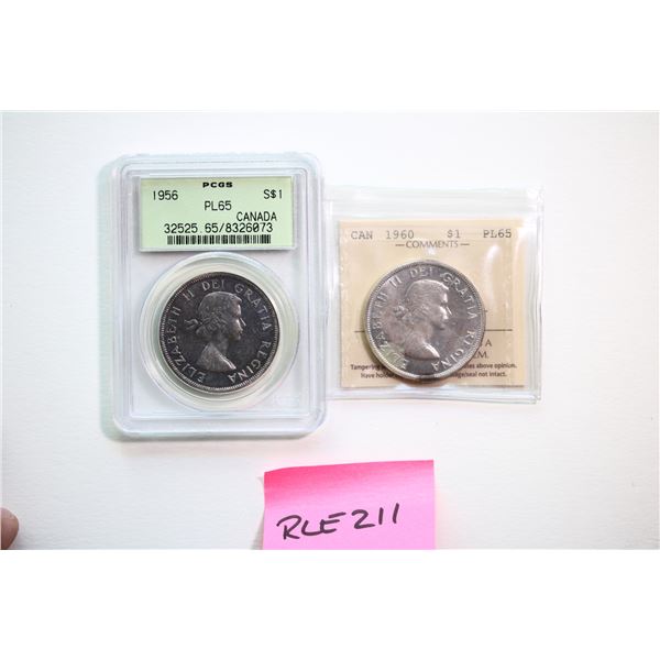 1956 $1 PCGS Gem Proof-Like-65, 1960 $1 ICCS Gem Proof-Like-65.  Lot of 2 coins.