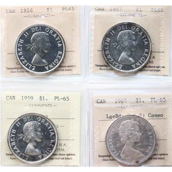 1956 $1, 1957, 1959 "Cameo", 1965 "LgeBds Ptd 5 Cameo". Lot of 4 coins all  ICCS Gem Proof-Like-65