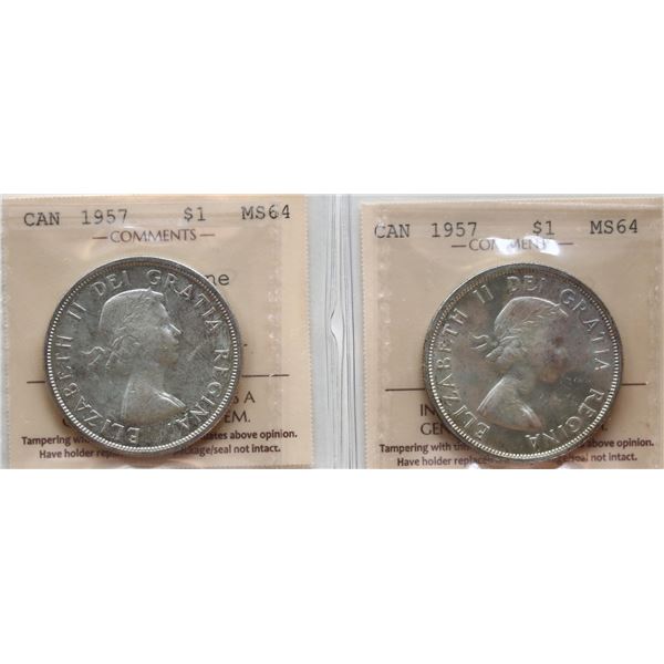 1957 $1 "WL & 1 WL" Both coins ICCS Choice Mint State-64.