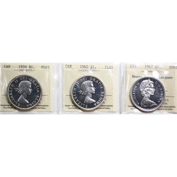 1959 $1 Cameo ICCS Gem Proof-Like-65, 1960 Cameo ICCS Gem Proof-Like-65, 1967 Heavy Cameo, Lacquer I