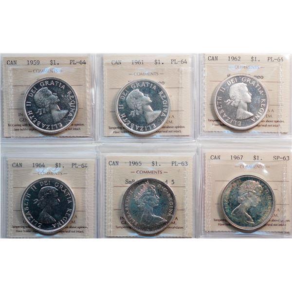 1959 $1,1961, 1962, 1964, 1965, 1967. All 6 coins ICCS PL to Specimen