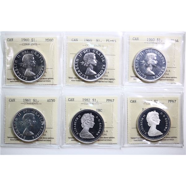 1960 $1 (3), 1961, 1982, 1987, Lot of 6 coins ICCS About Uncirculated-50 to Proof-67.