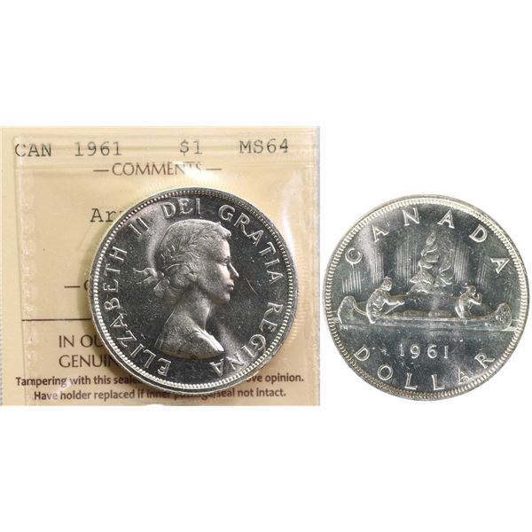 1961 $1 "Arrowhead" ICCS Choice Mint State-64  Fully brilliant and lustrous.