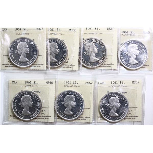 1961 $1 Cameo. Lot of 7 coins ICCS Mint State-60 to Choice Mint State-62