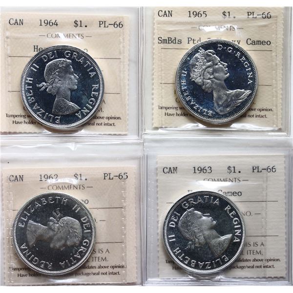 1962 $1, 1963, 1964, 1965 "SB, P5".   All 4 coins ICCS Gem Proof-Like-65 to Superb Gem Proof-Like-66