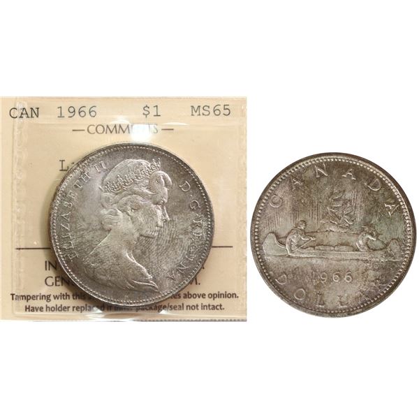 1966 $1 "Large Beads" ICCS Gem Mint State-65, attractive toning over full underlying lustre.