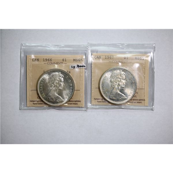 1966 $1 & 1967 ICCS Gem Mint State-65.  Lot of 2 Gem lustrous issues.