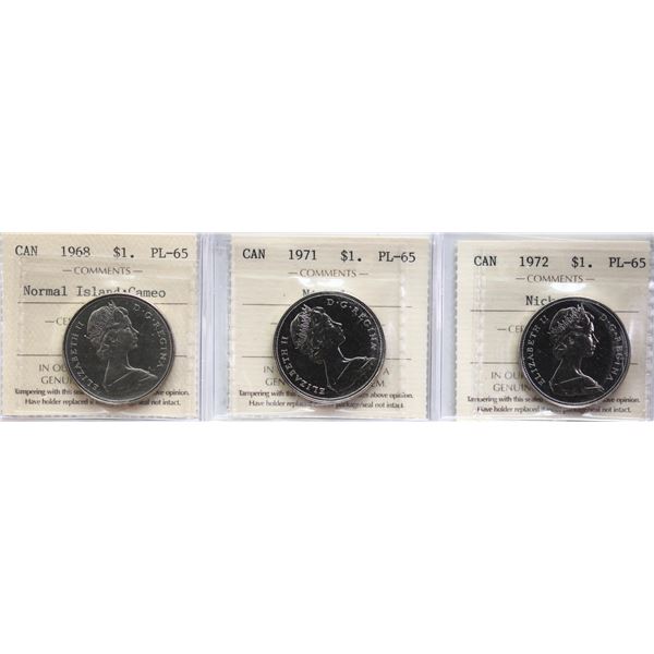 1968 $1 Nickel (Island) Cameo, 1971 & 1972 all ICCS Gem Proof-Like-65.  Lot of 3 coins.