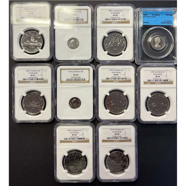 1976 $1 Nickel, to 1986 all NGC graded Superb Gem SPECIMEN-66 to Splendid SPECIMEN-68, 1995 10¢, 199