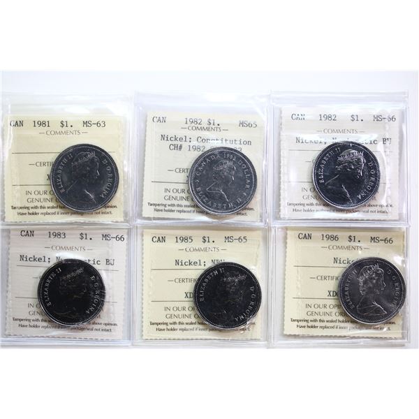 1981 $1 Nickel, 1982, 1982 Obv-003(Sml Jewel), 1983, 1985 & 1986 all ICCS graded Choice Mint State-6