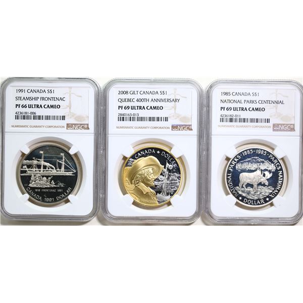 1985 $1, 1991, 2008.  Lot of 3 commemorative silver coins NGC graded PF66 to PF69 Ultra Cameo