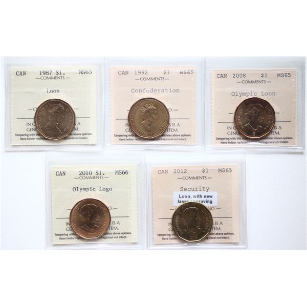 1987 $1, 1992 "Conf", 2008 "Olympic Loon", 2010 "Olympic Logo", 2012 "Security" All 5 coins ICCS Gem