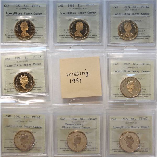 1987 $1 Loon Type to 1998.  Lot of 14 coins all ICCS graded Superb Gem SPECIMEN-67 to PF67 many with