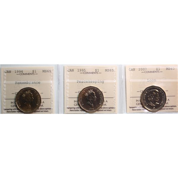 1994 $1 "Remembrance", 1995 "Peacekeeping", 2007 "Loon". All coins ICCS Gem Mint State-65