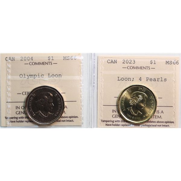 2004 $1 "Olympic Loon", 2023 "Loon: 4 Pearls". Both coins ICCS Gem Mint State-65