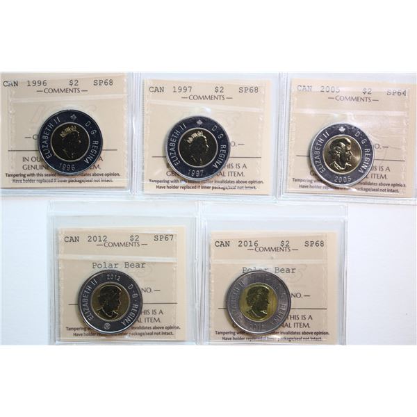 1996 $2, 1997, 2005, 2012 "Polar Bear", 2016 "Polar Bear"  Lot of 5 coins ICCS Choice SPECIMEN-64 to