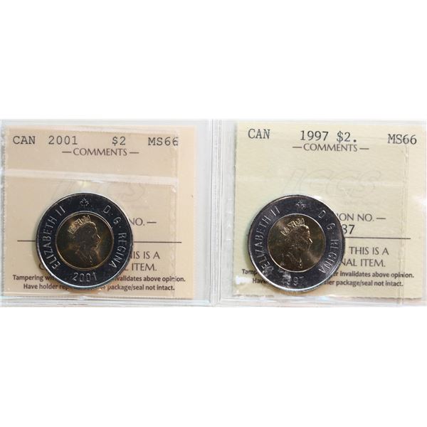 1997 $2, 2001 Both coins ICCS Superb Gem Mint State-66