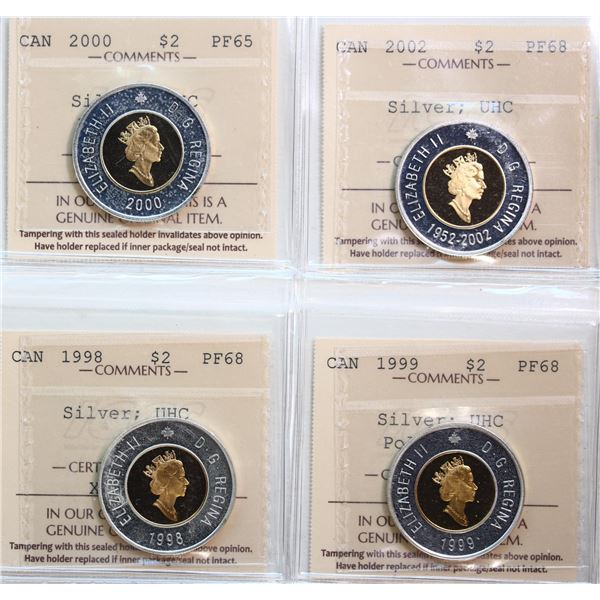 1998 $2 Silver, 1999 silver, 2000 Silver, 2002 Silver  Lot of 4 coins PROOF-65 to PROOF-68 UHC.
