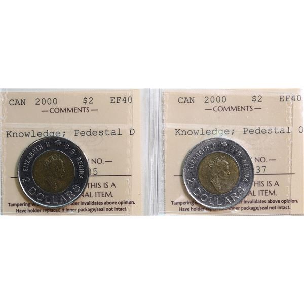 2000 $2 "Knowledge - Pedestal 0" & 2000 "Pedestal D", Both coins  ICCS Extra Fine-40