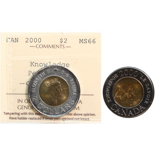 2000 $2 "Knowledge - Pedestal S" ICCS Superb Gem Mint State-66.  Scarce this nice