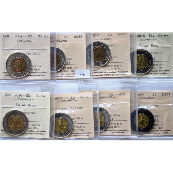 2004 $2 Toonie, 2005, 2012, 2014, 2016, 2020, 2022 & 2022 Black Ring all ICCS graded Choice Mint Sta